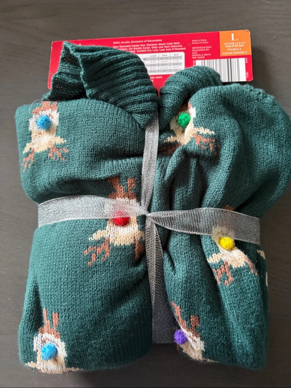 Green Holiday Dog Sweater with Reindeer Pom Accents